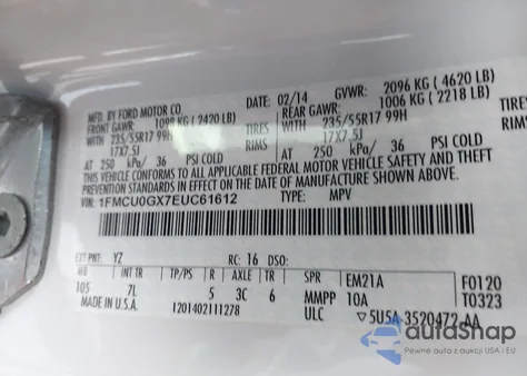 2014 Ford Escape Se from USA, damaged, VIN 1FMCU0GX7EUC61612